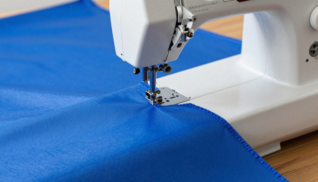 Close-up of a heavy-duty sewing machine stitching a wide hem into a thick waterproof blue tarp for a backyard project.