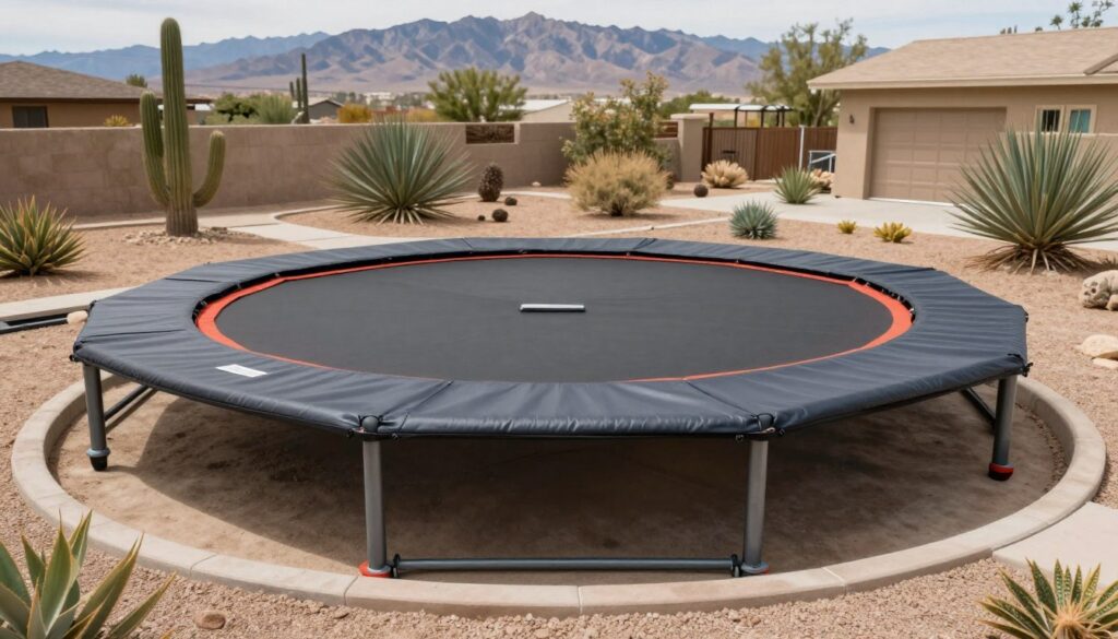 Completed in-ground trampoline installation with drainage system in Summerlin desert landscape