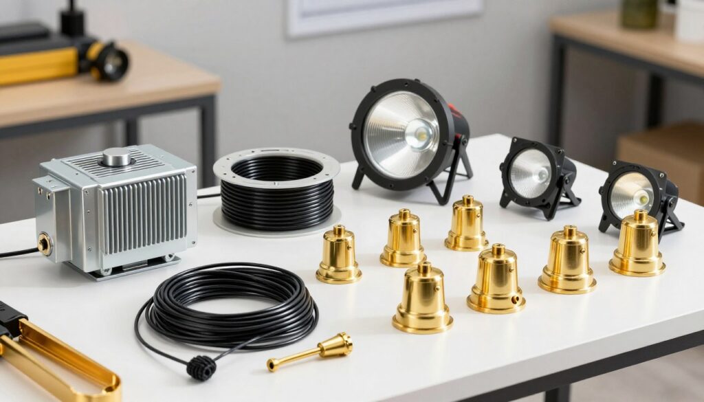 Detailed photography of a professional landscape lighting kit including a stainless steel transformer, spools of black wire, and various solid brass path lights and spotlights on a clean workbench. Detailed photography of a professional landscape lighting kit including a stainless steel transformer, spools of black wire, and various solid brass path lights and spotlights on a clean workbench.