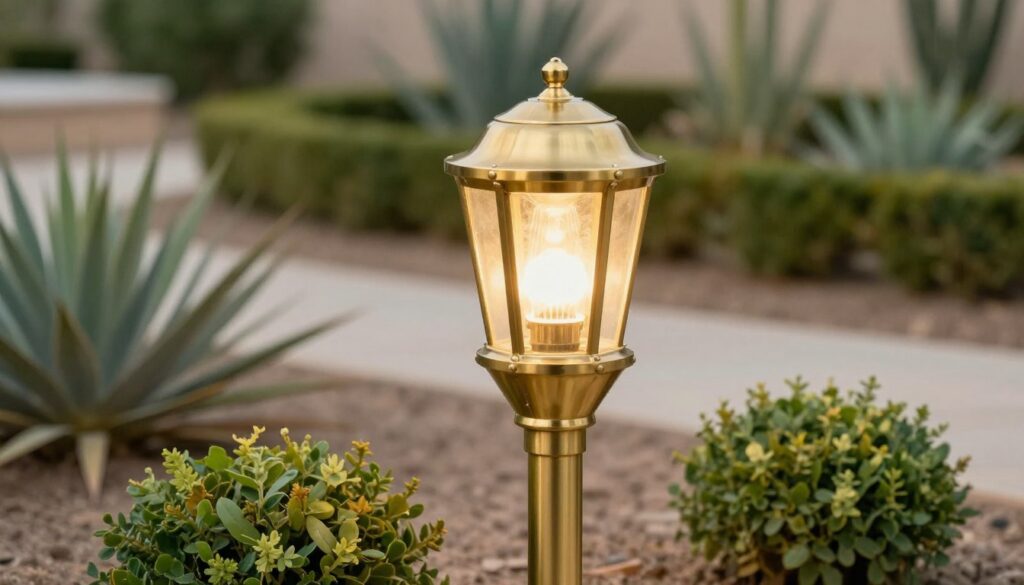 Detailed shot of a solid brass professional landscape light fixture installed in a manicured desert garden. Detailed shot of a solid brass professional landscape light fixture installed in a manicured desert garden.