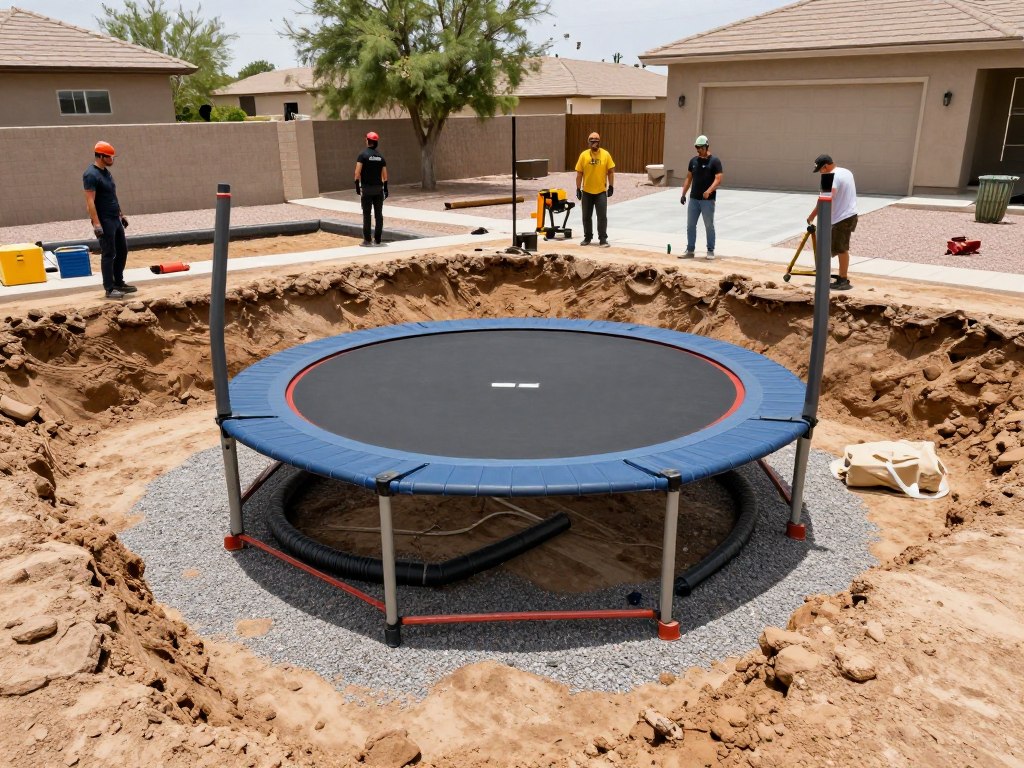 Excavation work for in-ground trampolines in Summerlin installation showing proper drainage system in Summerlin