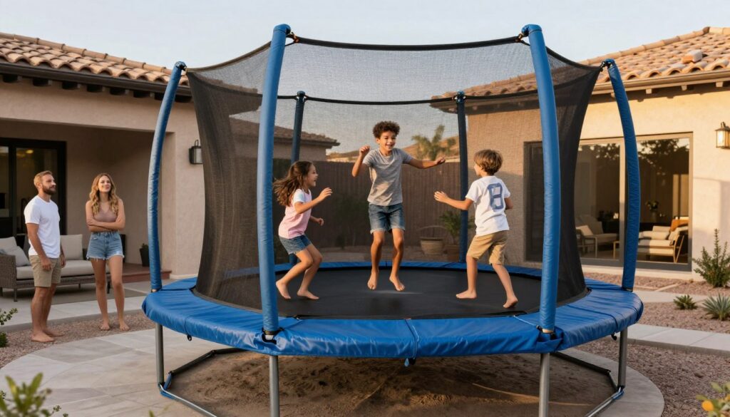 Family enjoying in-ground trampoline in Summerlin backyard with safety features