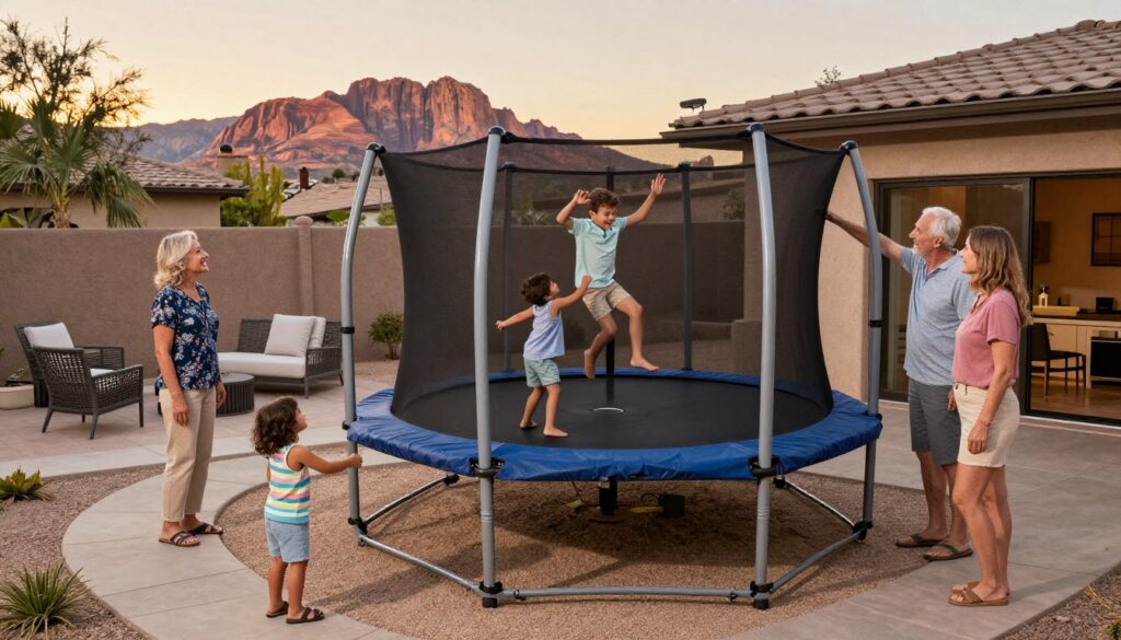 Happy family gathered around in-ground trampoline in beautiful Summerlin backyard at sunset
