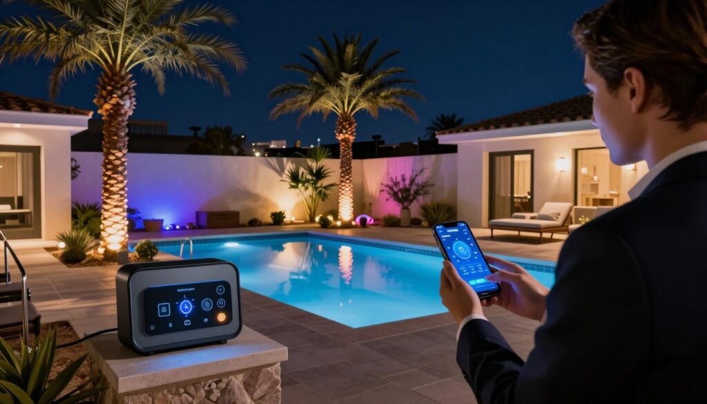 Photorealistic luxury backyard in Las Vegas at night, featuring a smart landscape lighting control system with vibrant color-changing LED lights illuminating palm trees and a modern pool, a person holding a smartphone with a lighting app interface, high-end desert landscaping, 8k resolution, cinematic lighting. Photorealistic luxury backyard in Las Vegas at night, featuring a smart landscape lighting control system with vibrant color-changing LED lights illuminating palm trees and a modern pool, a person holding a smartphone with a lighting app interface, high-end desert landscaping, 8k resolution, cinematic lighting.