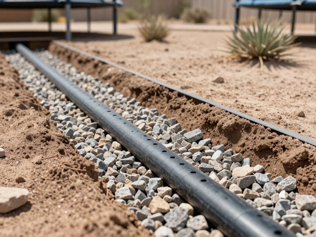 Professional drainage system installation for in-ground trampoline in Las Vegas desert climate
