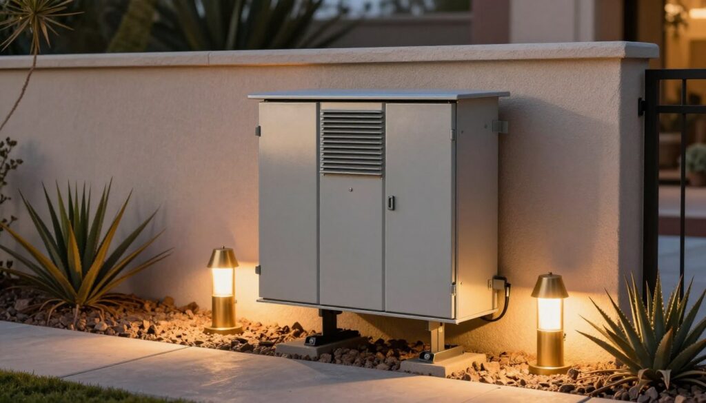Professional photography of a high-end low voltage landscape lighting transformer kit installed on an exterior wall, sleek metal housing, surrounding desert plants illuminated by warm brass spotlights, luxury backyard setting, dusk. Professional photography of a high-end low voltage landscape lighting transformer kit installed on an exterior wall, sleek metal housing, surrounding desert plants illuminated by warm brass spotlights, luxury backyard setting, dusk.