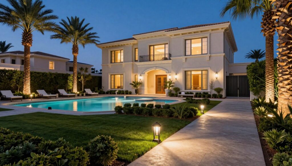 Realistic high-quality photo of a luxury Las Vegas home with professional architectural landscape lighting illuminating palm trees and a pool, contrasted with a simple DIY path light kit in a separate area, professional-grade finish, 8k resolution. Realistic high-quality photo of a luxury Las Vegas home with professional architectural landscape lighting illuminating palm trees and a pool, contrasted with a simple DIY path light kit in a separate area, professional-grade finish, 8k resolution.