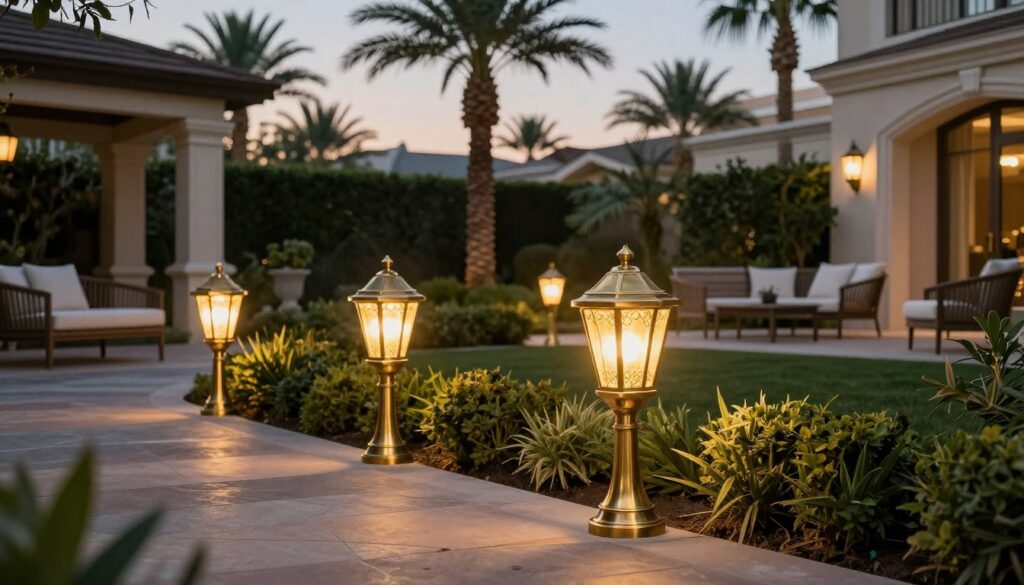 Solid brass landscape lighting fixtures elegantly arranged in a luxurious Las Vegas backyard setting. In the foreground, showcase beautifully designed fixtures featuring intricate detailing, casting a warm, golden glow. The middle ground includes lush greenery and architectural elements, like a stone pathway and elegant patio furniture. In the background, include soft silhouettes of palm trees and the distant outline of luxury homes under a twilight sky. The atmosphere is serene yet opulent, emphasizing sophistication and style. Use soft, diffused lighting to enhance the richness of the brass and the natural surroundings, captured from a low angle to provide depth and highlight the fixtures' craftsmanship. Solid brass landscape lighting fixtures elegantly arranged in a luxurious Las Vegas backyard setting. In the foreground, showcase beautifully designed fixtures featuring intricate detailing, casting a warm, golden glow. The middle ground includes lush greenery and architectural elements, like a stone pathway and elegant patio furniture. In the background, include soft silhouettes of palm trees and the distant outline of luxury homes under a twilight sky. The atmosphere is serene yet opulent, emphasizing sophistication and style. Use soft, diffused lighting to enhance the richness of the brass and the natural surroundings, captured from a low angle to provide depth and highlight the fixtures' craftsmanship.