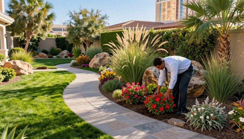 A beautifully landscaped residential garden in Las Vegas, showcasing a mix of drought-resistant plants, vibrant flowers, and expertly manicured lawns. In the foreground, a professional landscaper in business attire is planting colorful shrubs while a well-maintained stone pathway winds through the lush greenery. The middle ground features decorative boulders and eye-catching ornamental grasses, creating depth and texture. In the background, iconic Las Vegas architectural elements can be subtly seen, with a clear blue sky reflecting the warm sunlight, casting gentle shadows across the scene. The mood is serene and inviting, representing high-quality landscaping services in a bustling city. The image is shot in bright daylight with a slightly elevated angle to capture the full beauty of the garden layout. A beautifully landscaped residential garden in Las Vegas, showcasing a mix of drought-resistant plants, vibrant flowers, and expertly manicured lawns. In the foreground, a professional landscaper in business attire is planting colorful shrubs while a well-maintained stone pathway winds through the lush greenery. The middle ground features decorative boulders and eye-catching ornamental grasses, creating depth and texture. In the background, iconic Las Vegas architectural elements can be subtly seen, with a clear blue sky reflecting the warm sunlight, casting gentle shadows across the scene. The mood is serene and inviting, representing high-quality landscaping services in a bustling city. The image is shot in bright daylight with a slightly elevated angle to capture the full beauty of the garden layout.