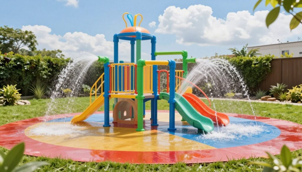 A colorful backyard splash pad made from PVC pipes, designed for family fun. In the foreground, showcase a variety of PVC pipe structures spraying water in different directions, creating an engaging water play area. Surround the splash pad with vibrant rubber safety mats in bright colors to illustrate safety features. In the middle ground, include lush green grass and a few small plants to enhance the scene's natural feel. In the background, depict a sunny day with a clear blue sky and fluffy white clouds, generating a joyful and inviting atmosphere. The image should have soft shadows and bright, cheerful lighting to capture a playful vibe, taken from a slightly elevated angle to provide an overview of the splash pad layout. A colorful backyard splash pad made from PVC pipes, designed for family fun. In the foreground, showcase a variety of PVC pipe structures spraying water in different directions, creating an engaging water play area. Surround the splash pad with vibrant rubber safety mats in bright colors to illustrate safety features. In the middle ground, include lush green grass and a few small plants to enhance the scene's natural feel. In the background, depict a sunny day with a clear blue sky and fluffy white clouds, generating a joyful and inviting atmosphere. The image should have soft shadows and bright, cheerful lighting to capture a playful vibe, taken from a slightly elevated angle to provide an overview of the splash pad layout.