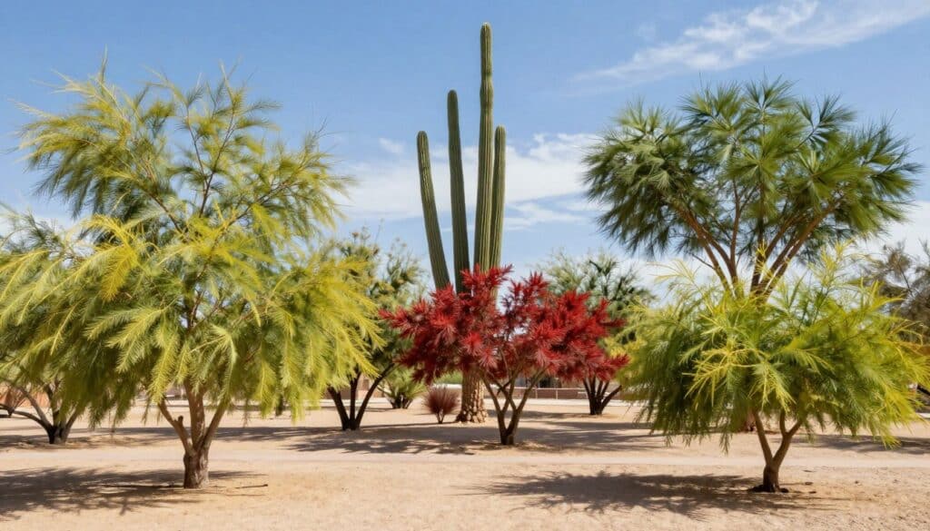 A comparative illustration featuring various shade trees suitable for Las Vegas set in a bright, sunlit desert landscape. In the foreground, include vibrant specimens of popular shade trees like the Red Push Pistache and Desert Willow, showcasing their lush canopies and striking features. In the middle ground, arrange a line of different trees, such as the Mesquite and Palo Verde, each distinct in shape and foliage, allowing viewers to appreciate the diversity. The background features a clear blue sky with a few wispy clouds, reinforcing the sunny atmosphere of Las Vegas. Use natural lighting to highlight the shadows cast by the trees, emphasizing their cooling capabilities. The overall mood should be informative and inviting, perfect for readers to quickly identify and compare these resilient desert trees. A comparative illustration featuring various shade trees suitable for Las Vegas set in a bright, sunlit desert landscape. In the foreground, include vibrant specimens of popular shade trees like the Red Push Pistache and Desert Willow, showcasing their lush canopies and striking features. In the middle ground, arrange a line of different trees, such as the Mesquite and Palo Verde, each distinct in shape and foliage, allowing viewers to appreciate the diversity. The background features a clear blue sky with a few wispy clouds, reinforcing the sunny atmosphere of Las Vegas. Use natural lighting to highlight the shadows cast by the trees, emphasizing their cooling capabilities. The overall mood should be informative and inviting, perfect for readers to quickly identify and compare these resilient desert trees.