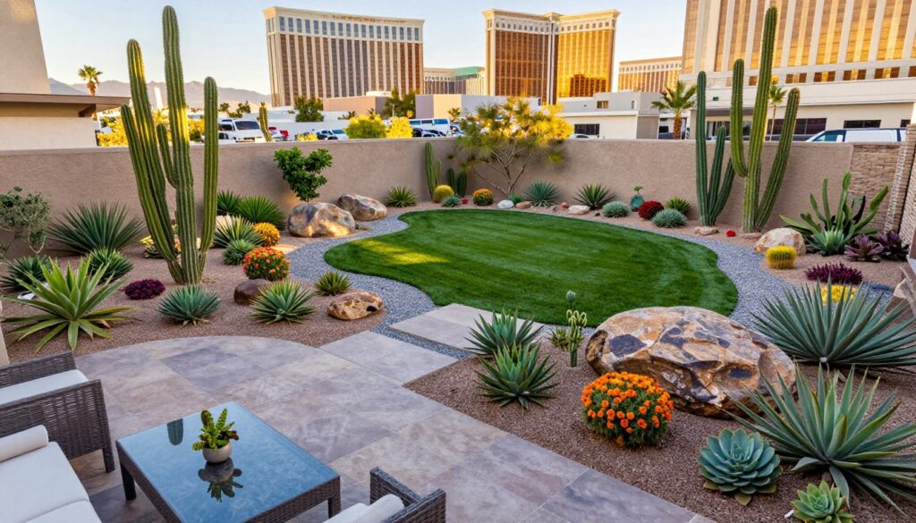 A detailed aerial view of a beautifully landscaped backyard in Las Vegas, showcasing vibrant desert flora like cacti, succulents, and flowering shrubs, all arranged in an eye-catching layout. In the foreground, a modern stone patio with elegant outdoor furniture reflects the area's upscale aesthetic. The middle ground features a well-maintained lawn, complete with decorative gravel pathways and strategically placed boulders for visual interest. In the background, the famous Las Vegas skyline can be seen, with iconic buildings gleaming under the bright afternoon sun, creating a warm and inviting atmosphere. The lighting is bright and clear, enhancing the colors of the landscaping. Capture this scene from a bird's-eye perspective to emphasize the contrast between lush landscaping and the urban landscape of Las Vegas.