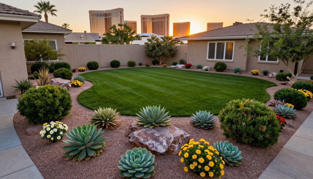 A detailed aerial view of a beautifully landscaped residential property in Las Vegas, showcasing a variety of plants, decorative stones, and turf areas, with a focus on the cost-effective design elements. In the foreground, vibrant succulents and colorful desert flowers are arranged harmoniously next to neatly trimmed shrubs. The middle ground features a professionally maintained lawn with well-defined borders. In the background, the iconic Las Vegas skyline glimmers under a sunset, casting warm golden light over the scene. Capture the fine textures of the landscaping materials, with a lens that emphasizes the depth and clarity. The atmosphere is inviting and tranquil, illustrating the aesthetic appeal and value of landscaping investments in a desert environment, reflecting the estimated cost per square foot for landscaping in 2026.