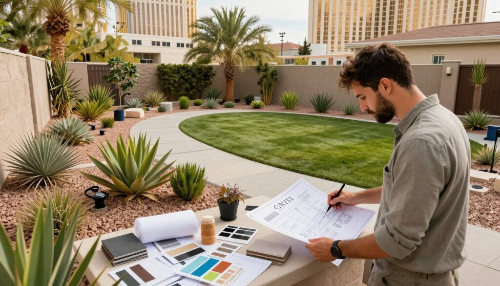 A detailed and informative illustration depicting the various landscaping cost factors in Las Vegas. In the foreground, feature a professional landscape designer in modest casual clothing, examining blueprints surrounded by samples of local plants and landscaping materials. The middle ground should display a vibrant Las Vegas backyard scene, with drought-resistant plants, decorative gravel, and water-efficient irrigation systems, emphasizing eco-friendly choices. The background showcases iconic Las Vegas architecture, blending nature with modern living. Use natural daytime lighting to create a warm and inviting atmosphere. Capture the scene from a slightly elevated angle to provide a comprehensive view, highlighting the relationship between landscaping elements and the urban environment. Focus on clarity and detail to make the information visually engaging.