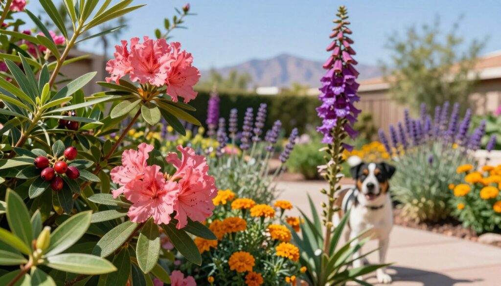 A detailed illustration of common toxic garden plants to avoid in a dog-friendly garden, showcasing plants such as azalea, oleander, and foxglove. In the foreground, lush green leaves of these plants should be vividly colored, with close-up details highlighting their distinct features and poisonous berries or flowers. In the middle ground, incorporate a softly blurred dog-friendly garden setting, with safe plants like lavender and marigolds providing a contrasting backdrop. The background should depict a sunny Las Vegas landscape, with a clear blue sky and distant mountains, creating an inviting yet cautionary atmosphere. Use bright, natural lighting to enhance the colors and provide a realistic feel, taking the shot from a slight low angle to emphasize the danger of the toxic plants while keeping the mood educational. A detailed illustration of common toxic garden plants to avoid in a dog-friendly garden, showcasing plants such as azalea, oleander, and foxglove. In the foreground, lush green leaves of these plants should be vividly colored, with close-up details highlighting their distinct features and poisonous berries or flowers. In the middle ground, incorporate a softly blurred dog-friendly garden setting, with safe plants like lavender and marigolds providing a contrasting backdrop. The background should depict a sunny Las Vegas landscape, with a clear blue sky and distant mountains, creating an inviting yet cautionary atmosphere. Use bright, natural lighting to enhance the colors and provide a realistic feel, taking the shot from a slight low angle to emphasize the danger of the toxic plants while keeping the mood educational.