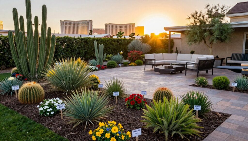A detailed outdoor scene depicting a variety of landscaping options in Las Vegas, showcasing distinct price ranges. In the foreground, vibrant native plants and drought-resistant cacti bloom alongside well-mulched flower beds, each labeled with subtle price tags on small stakes. The middle ground features an elegant patio complete with stone pavers and a stylish outdoor seating area, illustrating a higher-end landscaping choice. In the background, the iconic Las Vegas skyline peeks over the horizon, with a dramatic sunset casting a golden light across the scene. This image captures a warm, inviting atmosphere with clear lighting, shot from a slightly elevated angle to show the diversity of landscaping styles and their respective price points, creating an informative yet appealing visual representation.