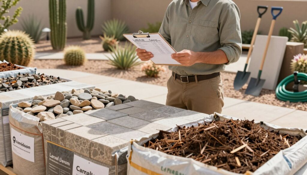 A detailed view of a landscaping pricing display, featuring an array of materials like decorative stones, pavers, soil bags, and mulch in the foreground. In the middle, a professional landscape designer in modest casual clothing examines a clipboard with notes on labor costs and equipment prices, standing beside various tools such as a shovel, rake, and garden hose. The background showcases a beautifully designed desert garden setting, with cacti and flowering plants typical of Las Vegas landscaping. The lighting is bright and sunny, creating a warm atmosphere, with soft shadows to enhance the texture of the materials. The camera angle is slightly elevated, showcasing both the materials and the designer's interactions, evoking a sense of professionalism and expertise in landscaping.