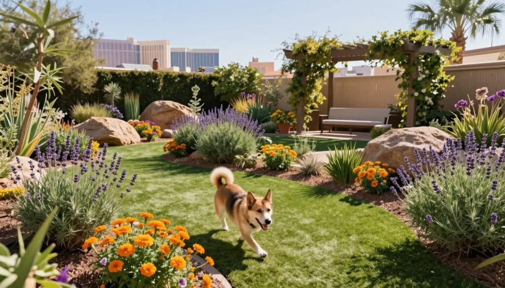 A lush, dog-friendly garden in Las Vegas, showcasing vibrant, pet-safe plants like lavender, rosemary, and desert marigolds, with a soft, green synthetic turf underfoot. In the foreground, a happy dog playfully explores, surrounded by colorful flowers. The middle ground features attractive landscaping elements such as decorative boulders and shaded seating areas under a pergola adorned with climbing plants. In the background, distant views of the iconic Las Vegas skyline under a bright, clear blue sky convey a sunny day. The lighting is warm and natural, casting gentle shadows, emphasizing a tranquil, inviting atmosphere perfect for dogs and their owners. The scene is captured from a slightly elevated angle, giving a broad view of the garden’s layout without any people in the setting. A lush, dog-friendly garden in Las Vegas, showcasing vibrant, pet-safe plants like lavender, rosemary, and desert marigolds, with a soft, green synthetic turf underfoot. In the foreground, a happy dog playfully explores, surrounded by colorful flowers. The middle ground features attractive landscaping elements such as decorative boulders and shaded seating areas under a pergola adorned with climbing plants. In the background, distant views of the iconic Las Vegas skyline under a bright, clear blue sky convey a sunny day. The lighting is warm and natural, casting gentle shadows, emphasizing a tranquil, inviting atmosphere perfect for dogs and their owners. The scene is captured from a slightly elevated angle, giving a broad view of the garden’s layout without any people in the setting.