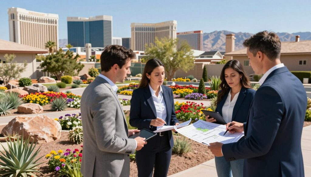 A professional landscape contractor evaluation scene set in Las Vegas, showcasing a diverse group of landscapers in business attire engaged in discussions. In the foreground, three professionals, a man and two women, stand with blueprints and tablets, analyzing landscaping plans. The middle ground features various beautifully designed gardens with vibrant flowers, rocks, and shrubs, reflecting different landscaping styles. In the background, the iconic Las Vegas skyline and desert mountains are visible under a bright blue sky, creating a striking contrast. The lighting is natural and bright, capturing a sunny day, enhancing the vibrant colors of the plants. The atmosphere conveys professionalism, collaboration, and innovation in the landscaping industry. A professional landscape contractor evaluation scene set in Las Vegas, showcasing a diverse group of landscapers in business attire engaged in discussions. In the foreground, three professionals, a man and two women, stand with blueprints and tablets, analyzing landscaping plans. The middle ground features various beautifully designed gardens with vibrant flowers, rocks, and shrubs, reflecting different landscaping styles. In the background, the iconic Las Vegas skyline and desert mountains are visible under a bright blue sky, creating a striking contrast. The lighting is natural and bright, capturing a sunny day, enhancing the vibrant colors of the plants. The atmosphere conveys professionalism, collaboration, and innovation in the landscaping industry.