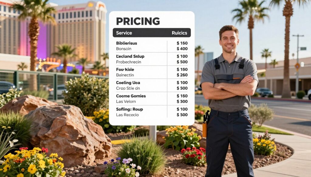 A professional landscaping contractor in business attire stands confidently beside a beautifully landscaped yard in Las Vegas. In the foreground, showcase a variety of flowers, shrubs, and rock features that represent the diverse landscaping styles available. In the middle ground, illustrate a clear, organized pricing chart featuring landscaping services and their costs, blending seamlessly into the scene. In the background, depict iconic Las Vegas elements like vibrant lights and palm trees under a bright, sunny sky. The lighting should be warm and inviting, capturing the essence of a bustling desert city. The overall mood is professional yet approachable, illustrating the economic aspects of landscaping while maintaining a lively aesthetic without any text or watermarks. A professional landscaping contractor in business attire stands confidently beside a beautifully landscaped yard in Las Vegas. In the foreground, showcase a variety of flowers, shrubs, and rock features that represent the diverse landscaping styles available. In the middle ground, illustrate a clear, organized pricing chart featuring landscaping services and their costs, blending seamlessly into the scene. In the background, depict iconic Las Vegas elements like vibrant lights and palm trees under a bright, sunny sky. The lighting should be warm and inviting, capturing the essence of a bustling desert city. The overall mood is professional yet approachable, illustrating the economic aspects of landscaping while maintaining a lively aesthetic without any text or watermarks.