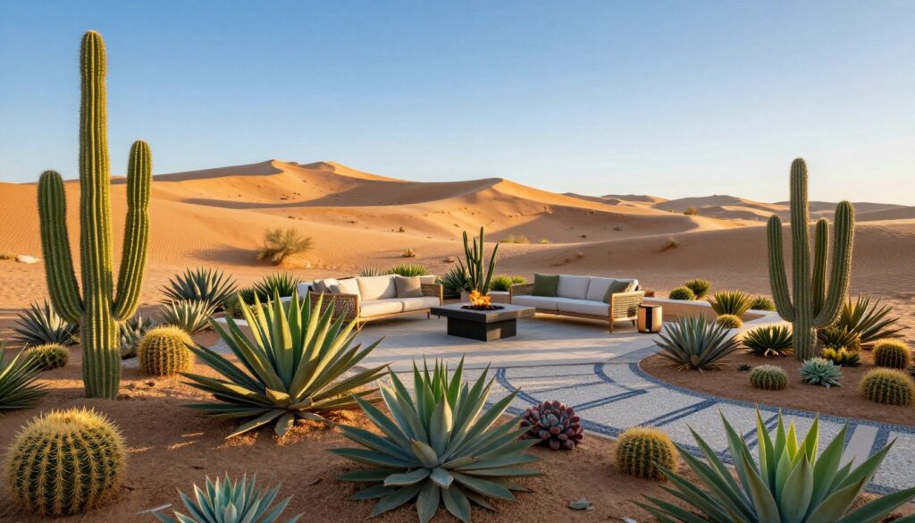 A serene desert landscape showcasing professional outdoor design, featuring a meticulously arranged collection of native plants like succulents and cacti in the foreground. The middle ground displays a stylish patio area with elegant furniture, a fire pit, and decorative gravel pathways. In the background, rolling sand dunes meet a clear blue sky, illuminated by warm, golden sunlight during the late afternoon. The scene captures a relaxed yet sophisticated atmosphere, perfect for entertaining and appreciating the beauty of desert horticulture. Utilize a wide-angle perspective to showcase the entire landscape and create depth. Emphasize vibrant colors and natural textures, with a gentle breeze suggested by the slight movement of the plants. No human figures present. A serene desert landscape showcasing professional outdoor design, featuring a meticulously arranged collection of native plants like succulents and cacti in the foreground. The middle ground displays a stylish patio area with elegant furniture, a fire pit, and decorative gravel pathways. In the background, rolling sand dunes meet a clear blue sky, illuminated by warm, golden sunlight during the late afternoon. The scene captures a relaxed yet sophisticated atmosphere, perfect for entertaining and appreciating the beauty of desert horticulture. Utilize a wide-angle perspective to showcase the entire landscape and create depth. Emphasize vibrant colors and natural textures, with a gentle breeze suggested by the slight movement of the plants. No human figures present.