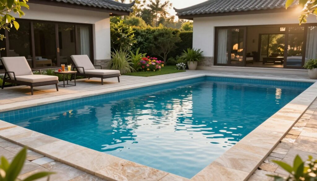 A serene traditional swimming pool scene showcasing its classic features and functional uses. In the foreground, the pool is framed by elegant stone coping, with crystal-clear water reflecting the sunlight. On one side, a neatly arranged patio area includes comfortable lounge chairs and a small table with refreshing drinks. In the middle ground, a beautifully landscaped garden features lush greenery and vibrant flowers, enhancing the tranquil vibe. In the background, a modern home adds a touch of contemporary architecture, harmonizing with the traditional elements of the pool. The atmosphere is inviting and peaceful, captured during late afternoon golden hour, with soft lighting highlighting the serene water surface. The angle should be a slightly elevated perspective, offering a comprehensive view of the pool and surrounding area, evoking a sense of relaxation and enjoyment. A serene traditional swimming pool scene showcasing its classic features and functional uses. In the foreground, the pool is framed by elegant stone coping, with crystal-clear water reflecting the sunlight. On one side, a neatly arranged patio area includes comfortable lounge chairs and a small table with refreshing drinks. In the middle ground, a beautifully landscaped garden features lush greenery and vibrant flowers, enhancing the tranquil vibe. In the background, a modern home adds a touch of contemporary architecture, harmonizing with the traditional elements of the pool. The atmosphere is inviting and peaceful, captured during late afternoon golden hour, with soft lighting highlighting the serene water surface. The angle should be a slightly elevated perspective, offering a comprehensive view of the pool and surrounding area, evoking a sense of relaxation and enjoyment.