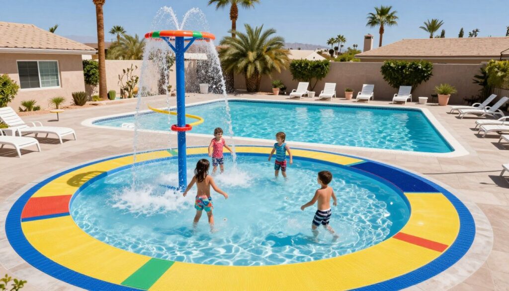 A split image comparing a vibrant splash pad and a serene swimming pool, showcasing the distinct environments in a sunny Las Vegas backyard. In the foreground, the colorful splash pad features dynamic water jets and cheerful children in modest casual clothing playing joyfully, surrounded by bright rubber mats. In the middle, the pool exudes tranquility with crystal-clear water and elegant loungers, reflecting sunlight. The background presents a desert landscape with palm trees under a clear blue sky. The image is brightly lit, capturing the essence of a warm summer day, with a slight aerial angle to demonstrate the size and features of both water installations, inviting a sense of fun and leisure while illustrating cost comparison. A split image comparing a vibrant splash pad and a serene swimming pool, showcasing the distinct environments in a sunny Las Vegas backyard. In the foreground, the colorful splash pad features dynamic water jets and cheerful children in modest casual clothing playing joyfully, surrounded by bright rubber mats. In the middle, the pool exudes tranquility with crystal-clear water and elegant loungers, reflecting sunlight. The background presents a desert landscape with palm trees under a clear blue sky. The image is brightly lit, capturing the essence of a warm summer day, with a slight aerial angle to demonstrate the size and features of both water installations, inviting a sense of fun and leisure while illustrating cost comparison.