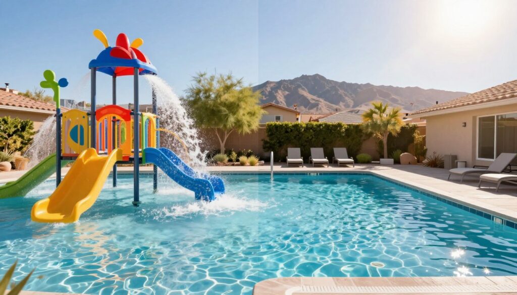 A split-scene comparison showcasing a modern splash pad on one side and a traditional swimming pool on the other, both set in the backdrop of a sunny Las Vegas neighborhood. In the foreground, vibrant water splashes from the splash pad, surrounded by colorful play features like water jets and interactive elements, embodying a fun, family-friendly atmosphere. In contrast, the pool side features crystal clear blue water, comfortable lounge chairs, and a sleek patio area with a small garden. The middle ground highlights lush green landscaping typical of Las Vegas homes, while the background features iconic desert mountains under a bright blue sky. The lighting is warm and inviting, suggesting a sunny afternoon, with a slight lens flare to enhance the cheerful mood. No people present, ensuring focus remains on the splash pad and pool comparison. A split-scene comparison showcasing a modern splash pad on one side and a traditional swimming pool on the other, both set in the backdrop of a sunny Las Vegas neighborhood. In the foreground, vibrant water splashes from the splash pad, surrounded by colorful play features like water jets and interactive elements, embodying a fun, family-friendly atmosphere. In contrast, the pool side features crystal clear blue water, comfortable lounge chairs, and a sleek patio area with a small garden. The middle ground highlights lush green landscaping typical of Las Vegas homes, while the background features iconic desert mountains under a bright blue sky. The lighting is warm and inviting, suggesting a sunny afternoon, with a slight lens flare to enhance the cheerful mood. No people present, ensuring focus remains on the splash pad and pool comparison.
