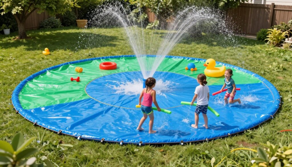 A sunny backyard scene featuring a DIY tarp splash pad, created with vibrant blue and green tarps arranged in a circular layout. The foreground shows children joyfully playing with pool noodles, splashing water from a sprinkler setup that arcs water droplets in the air. In the middle, the splash pad area is surrounded by colorful outdoor toys and rubber ducks. The background includes a green lawn and a few trees, creating a cheerful, relaxed atmosphere. Use bright, natural lighting to enhance the inviting feel of a summer day. The image is captured from a slightly elevated angle, providing a clear view of the splash pad activity and the playful water features. A sunny backyard scene featuring a DIY tarp splash pad, created with vibrant blue and green tarps arranged in a circular layout. The foreground shows children joyfully playing with pool noodles, splashing water from a sprinkler setup that arcs water droplets in the air. In the middle, the splash pad area is surrounded by colorful outdoor toys and rubber ducks. The background includes a green lawn and a few trees, creating a cheerful, relaxed atmosphere. Use bright, natural lighting to enhance the inviting feel of a summer day. The image is captured from a slightly elevated angle, providing a clear view of the splash pad activity and the playful water features.