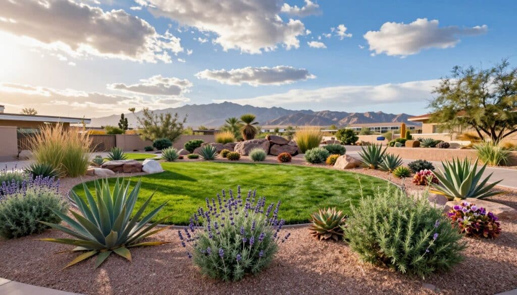 A vibrant Las Vegas garden featuring a variety of pet-safe, drought-tolerant plants suitable for dogs. In the foreground, showcase colorful flowering plants such as lavender and rosemary, interspersed with hardy succulents like agave and sedum. The middle ground includes lush, green turf that contrasts with the rocky desert landscape, accentuated by decorative stones and native grasses. In the background, iconic Las Vegas desert scenery with distant mountains, under a bright blue sky filled with soft, fluffy clouds filtering warm sunlight. The atmosphere is inviting and serene, evoking a sense of tranquility, perfect for pet-friendly gardening. Use a wide-angle shot to capture the expansive layout and vibrant colors of this safe, outdoor oasis. A vibrant Las Vegas garden featuring a variety of pet-safe, drought-tolerant plants suitable for dogs. In the foreground, showcase colorful flowering plants such as lavender and rosemary, interspersed with hardy succulents like agave and sedum. The middle ground includes lush, green turf that contrasts with the rocky desert landscape, accentuated by decorative stones and native grasses. In the background, iconic Las Vegas desert scenery with distant mountains, under a bright blue sky filled with soft, fluffy clouds filtering warm sunlight. The atmosphere is inviting and serene, evoking a sense of tranquility, perfect for pet-friendly gardening. Use a wide-angle shot to capture the expansive layout and vibrant colors of this safe, outdoor oasis.