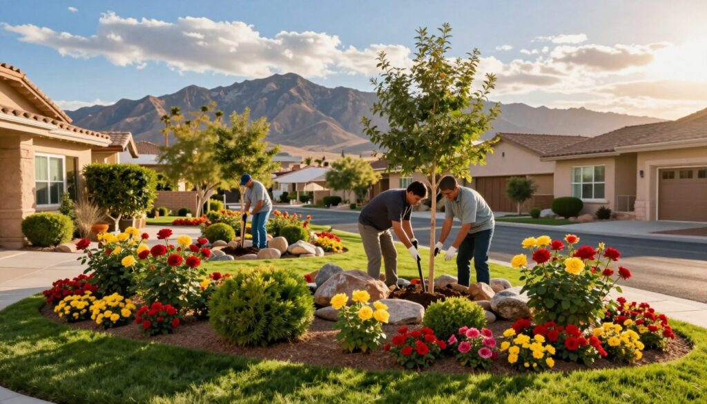 A vibrant Las Vegas residential landscape showcasing impressive landscaping services. In the foreground, a neatly manicured lawn with colorful flower beds in full bloom, featuring red and yellow roses alongside lush green shrubs. In the middle ground, two professional landscapers in business casual attire, focused on planting new trees and arranging decorative stones, embodying professionalism and teamwork. The background reveals a stunning desert mountain range under a bright blue sky with soft, fluffy clouds, capturing the essence of Las Vegas. The lighting is warm and golden, reminiscent of late afternoon sun, creating an inviting and uplifting atmosphere. The image should convey a sense of vibrant community and meticulous care in landscaping. A vibrant Las Vegas residential landscape showcasing impressive landscaping services. In the foreground, a neatly manicured lawn with colorful flower beds in full bloom, featuring red and yellow roses alongside lush green shrubs. In the middle ground, two professional landscapers in business casual attire, focused on planting new trees and arranging decorative stones, embodying professionalism and teamwork. The background reveals a stunning desert mountain range under a bright blue sky with soft, fluffy clouds, capturing the essence of Las Vegas. The lighting is warm and golden, reminiscent of late afternoon sun, creating an inviting and uplifting atmosphere. The image should convey a sense of vibrant community and meticulous care in landscaping.