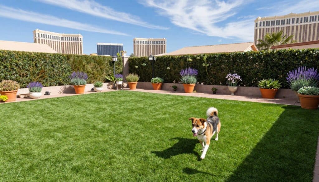 A vibrant Las Vegas yard featuring pet-friendly turf, showcasing lush, green synthetic grass that provides a soft, cool surface for animals to play. In the foreground, a playful dog enjoys the turf, capturing the joy of a pet-safe environment. The middle ground reveals a neatly arranged patio with colorful potted plants that are safe for pets, including lavender and succulents, creating a welcoming space. In the background, the iconic Las Vegas skyline glistens under a sunny blue sky, with wispy clouds adding to the atmosphere. The lighting is bright and cheerful, casting soft shadows across the landscape. Use a wide-angle lens to capture the expansive feel of the yard, ensuring the image radiates warmth and a sense of tranquility. A vibrant Las Vegas yard featuring pet-friendly turf, showcasing lush, green synthetic grass that provides a soft, cool surface for animals to play. In the foreground, a playful dog enjoys the turf, capturing the joy of a pet-safe environment. The middle ground reveals a neatly arranged patio with colorful potted plants that are safe for pets, including lavender and succulents, creating a welcoming space. In the background, the iconic Las Vegas skyline glistens under a sunny blue sky, with wispy clouds adding to the atmosphere. The lighting is bright and cheerful, casting soft shadows across the landscape. Use a wide-angle lens to capture the expansive feel of the yard, ensuring the image radiates warmth and a sense of tranquility.