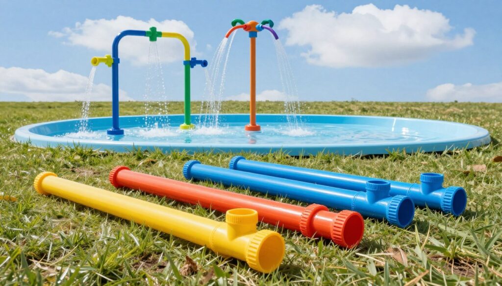 A vibrant backyard scene showcasing a variety of colorful PVC water play materials for a DIY splash pad. In the foreground, an assortment of bright, flexible PVC pipes and connectors lay scattered on a soft grass surface. In the middle ground, a partially assembled splash pad featuring a fun sprinkler system, with colorful water jets emanating from PVC fittings. The background features a sunny blue sky with a few fluffy clouds, adding to the cheerful atmosphere. Soft, natural lighting highlights the colors of the materials, creating a warm and inviting scene. Capture the image from a slightly elevated angle to provide a comprehensive view of the layout and materials, evoking a sense of creativity and outdoor fun. A vibrant backyard scene showcasing a variety of colorful PVC water play materials for a DIY splash pad. In the foreground, an assortment of bright, flexible PVC pipes and connectors lay scattered on a soft grass surface. In the middle ground, a partially assembled splash pad featuring a fun sprinkler system, with colorful water jets emanating from PVC fittings. The background features a sunny blue sky with a few fluffy clouds, adding to the cheerful atmosphere. Soft, natural lighting highlights the colors of the materials, creating a warm and inviting scene. Capture the image from a slightly elevated angle to provide a comprehensive view of the layout and materials, evoking a sense of creativity and outdoor fun.