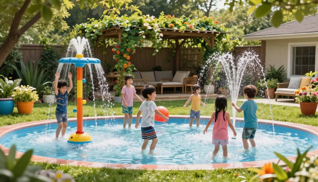 A vibrant backyard splash pad scene designed for family-friendly summer fun. In the foreground, colorful, interactive water features including sprouting fountains and gentle sprays, with children of diverse backgrounds playing joyfully while wearing modest casual clothing. In the middle ground, lush green grass and bright, cheerful potted plants create a welcoming atmosphere. In the background, a cozy patio area with outdoor seating, surrounded by trellises adorned with climbing vines and flowers, complemented by dappled sunlight filtering through leafy trees. The image captures a sense of adventure and playfulness, evoking warmth and happiness, inviting families to enjoy endless summer days outdoors. Soft, natural lighting enhances the scene's energy and vibrancy, creating an inviting and cheerful atmosphere. A vibrant backyard splash pad scene designed for family-friendly summer fun. In the foreground, colorful, interactive water features including sprouting fountains and gentle sprays, with children of diverse backgrounds playing joyfully while wearing modest casual clothing. In the middle ground, lush green grass and bright, cheerful potted plants create a welcoming atmosphere. In the background, a cozy patio area with outdoor seating, surrounded by trellises adorned with climbing vines and flowers, complemented by dappled sunlight filtering through leafy trees. The image captures a sense of adventure and playfulness, evoking warmth and happiness, inviting families to enjoy endless summer days outdoors. Soft, natural lighting enhances the scene's energy and vibrancy, creating an inviting and cheerful atmosphere.