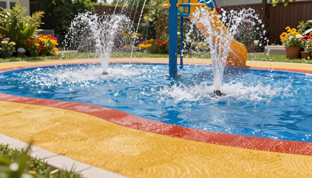 A vibrant backyard splash pad scene focusing on a non-slip splash pad surface designed for safety. In the foreground, showcase textured rubber flooring with bright colors, clearly displaying its non-slip feature. The middle ground features playful water jets spraying in various directions, with sunlight glimmering off the water droplets. In the background, lush greenery and colorful flowers frame the area, creating a lively atmosphere. The image is captured from a slightly elevated angle, allowing for a clear view of the splash pad layout. The lighting is bright and cheerful, evoking a sense of fun and safety. Ensure there are no human subjects in the scene, as the focus is on the splash pad surface and its features. A vibrant backyard splash pad scene focusing on a non-slip splash pad surface designed for safety. In the foreground, showcase textured rubber flooring with bright colors, clearly displaying its non-slip feature. The middle ground features playful water jets spraying in various directions, with sunlight glimmering off the water droplets. In the background, lush greenery and colorful flowers frame the area, creating a lively atmosphere. The image is captured from a slightly elevated angle, allowing for a clear view of the splash pad layout. The lighting is bright and cheerful, evoking a sense of fun and safety. Ensure there are no human subjects in the scene, as the focus is on the splash pad surface and its features.