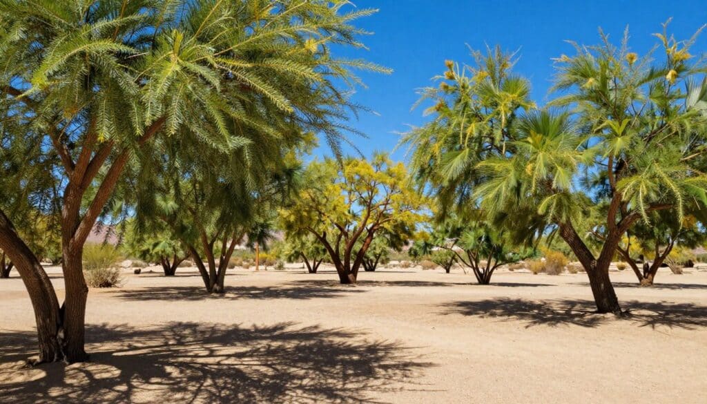 A vibrant desert landscape featuring heat-tolerant shade trees native to Las Vegas, such as Mesquite, Palo Verde, and Desert Willow. In the foreground, lush canopies provide cooling shade, with dappled sunlight filtering through the leaves. The middle ground showcases a variety of tree forms, displaying their unique textures and colors, while a bright blue sky fills the background, emphasizing the arid yet serene atmosphere. Use a slightly elevated angle to capture the vastness of the desert and the welcoming shade these trees offer. The lighting should be bright and sunny, with well-defined shadows to enhance the visual contrast of the trees against the sandy ground. Convey a mood of tranquility and resilience in this arid environment, ideal for showcasing the beauty of shade trees in a hot climate. A vibrant desert landscape featuring heat-tolerant shade trees native to Las Vegas, such as Mesquite, Palo Verde, and Desert Willow. In the foreground, lush canopies provide cooling shade, with dappled sunlight filtering through the leaves. The middle ground showcases a variety of tree forms, displaying their unique textures and colors, while a bright blue sky fills the background, emphasizing the arid yet serene atmosphere. Use a slightly elevated angle to capture the vastness of the desert and the welcoming shade these trees offer. The lighting should be bright and sunny, with well-defined shadows to enhance the visual contrast of the trees against the sandy ground. Convey a mood of tranquility and resilience in this arid environment, ideal for showcasing the beauty of shade trees in a hot climate.