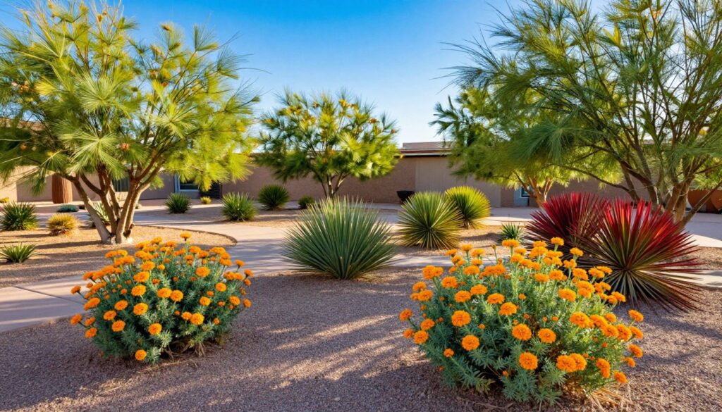 A vibrant desert landscape showcasing low-water shrubs ideal for Las Vegas yards. In the foreground, a variety of drought-tolerant shrubs like desert marigold, red yucca, and palo verde, with vivid colors and textures, arranged artistically to provide a sense of privacy. The middle ground features a well-maintained yard with decorative gravel pathways, contrasting against the lush greenery of the shrubs. In the background, a clear blue sky accentuates the bright sun, casting warm, golden light over the scene, enhancing the colors of the plants. The overall mood reflects a serene and sustainable outdoor space, suitable for a desert climate, emphasizing harmony between beauty and water conservation. A vibrant desert landscape showcasing low-water shrubs ideal for Las Vegas yards. In the foreground, a variety of drought-tolerant shrubs like desert marigold, red yucca, and palo verde, with vivid colors and textures, arranged artistically to provide a sense of privacy. The middle ground features a well-maintained yard with decorative gravel pathways, contrasting against the lush greenery of the shrubs. In the background, a clear blue sky accentuates the bright sun, casting warm, golden light over the scene, enhancing the colors of the plants. The overall mood reflects a serene and sustainable outdoor space, suitable for a desert climate, emphasizing harmony between beauty and water conservation.