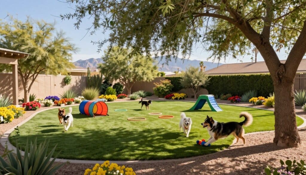 A vibrant dog-friendly garden featuring a variety of native plants and durable turf surfaces designed for exercise and enrichment. In the foreground, playful dogs of different breeds engage with interactive toys under a large, leafy shade tree, creating a lively atmosphere. The middle ground showcases a soft, green lawn with colorful flower beds and playful obstacles like agility tunnels and jumping hoops. The background captures a sunny Las Vegas landscape with distant mountains and a blue sky, while the warm natural lighting casts gentle shadows. The scene feels inviting and refreshing, embodying a perfect balance of shade and activity for happy dogs enjoying their outdoor space. A vibrant dog-friendly garden featuring a variety of native plants and durable turf surfaces designed for exercise and enrichment. In the foreground, playful dogs of different breeds engage with interactive toys under a large, leafy shade tree, creating a lively atmosphere. The middle ground showcases a soft, green lawn with colorful flower beds and playful obstacles like agility tunnels and jumping hoops. The background captures a sunny Las Vegas landscape with distant mountains and a blue sky, while the warm natural lighting casts gentle shadows. The scene feels inviting and refreshing, embodying a perfect balance of shade and activity for happy dogs enjoying their outdoor space.