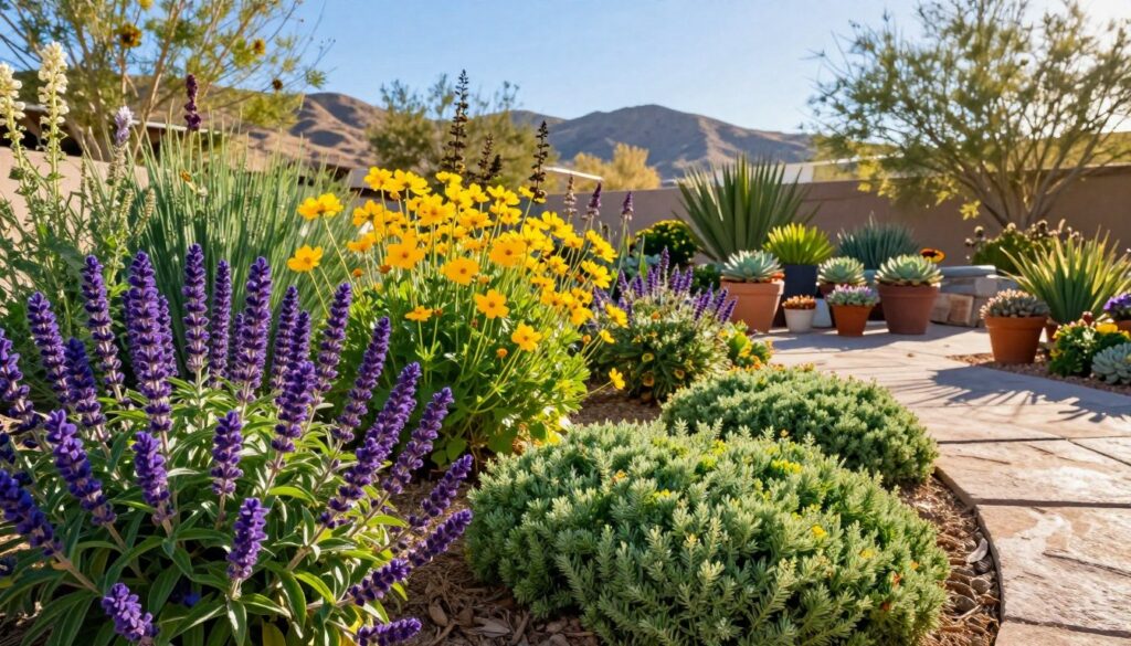 A vibrant garden scene showcasing a variety of flowering perennials and drought-tolerant groundcovers suitable for Las Vegas yards. In the foreground, clusters of vivid purple salvia and bright yellow coreopsis intermingle with lush, green groundcovers like creeping thyme and sedum. The middle ground features a sparkling pathway lined with stone, leading to a small seating area adorned with colorful potted succulents. In the background, subtle desert hills under a bright blue sky complete the composition. The scene is bathed in warm, golden sunlight, casting soft shadows that add depth. The mood is serene and inviting, highlighting the beauty of nature while emphasizing the suitability of these plants for arid environments. A vibrant garden scene showcasing a variety of flowering perennials and drought-tolerant groundcovers suitable for Las Vegas yards. In the foreground, clusters of vivid purple salvia and bright yellow coreopsis intermingle with lush, green groundcovers like creeping thyme and sedum. The middle ground features a sparkling pathway lined with stone, leading to a small seating area adorned with colorful potted succulents. In the background, subtle desert hills under a bright blue sky complete the composition. The scene is bathed in warm, golden sunlight, casting soft shadows that add depth. The mood is serene and inviting, highlighting the beauty of nature while emphasizing the suitability of these plants for arid environments.