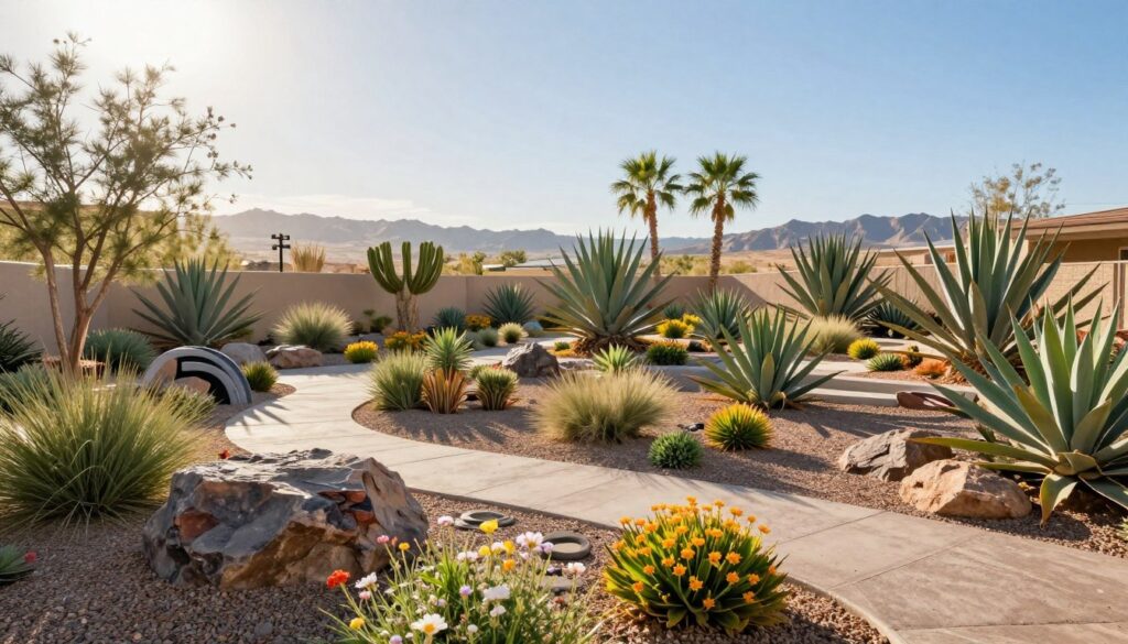A vibrant landscape design showcasing a water-wise Las Vegas yard, enriched with an array of drought-tolerant plants such as agave, succulents, and desert wildflowers. In the foreground, feature rocks and decorative gravel paths winding through the greenery, accented by artistic xeriscaping forms. In the middle ground, an elegant arrangement of native plants thrives under a bright, sunlit sky, with gentle shadows enhancing their textures. The background captures the distant outlines of the Mojave Desert, emphasizing the arid beauty of the surroundings. Use a warm color palette to evoke a welcoming atmosphere, with clear blue skies and soft, diffused sunlight filtering through. The image should have a slightly elevated perspective, offering a panoramic view of this sustainable oasis. A vibrant landscape design showcasing a water-wise Las Vegas yard, enriched with an array of drought-tolerant plants such as agave, succulents, and desert wildflowers. In the foreground, feature rocks and decorative gravel paths winding through the greenery, accented by artistic xeriscaping forms. In the middle ground, an elegant arrangement of native plants thrives under a bright, sunlit sky, with gentle shadows enhancing their textures. The background captures the distant outlines of the Mojave Desert, emphasizing the arid beauty of the surroundings. Use a warm color palette to evoke a welcoming atmosphere, with clear blue skies and soft, diffused sunlight filtering through. The image should have a slightly elevated perspective, offering a panoramic view of this sustainable oasis.