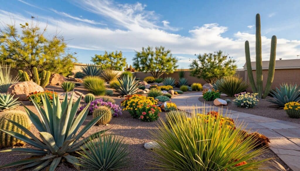 A vibrant landscape of drought-tolerant plants ideal for Las Vegas yards, featuring colorful succulents, cacti, and native desert shrubs. In the foreground, show a variety of agave, yucca, and ornamental grasses, with textures highlighted by sunlight. The middle ground should include a serene garden pathway made of natural stone, bordered by flowering desert perennials and small decorative rocks. In the background, depict a clear blue sky with a few wispy clouds, casting soft shadows over the entire scene. Capture the warm, inviting atmosphere of a sun-drenched afternoon, emphasizing the sustainable beauty of a water-efficient yard. Use a wide-angle lens perspective to provide depth, showcasing the diversity and resilience of plants suited for dry climates. No people or text overlays should be present. A vibrant landscape of drought-tolerant plants ideal for Las Vegas yards, featuring colorful succulents, cacti, and native desert shrubs. In the foreground, show a variety of agave, yucca, and ornamental grasses, with textures highlighted by sunlight. The middle ground should include a serene garden pathway made of natural stone, bordered by flowering desert perennials and small decorative rocks. In the background, depict a clear blue sky with a few wispy clouds, casting soft shadows over the entire scene. Capture the warm, inviting atmosphere of a sun-drenched afternoon, emphasizing the sustainable beauty of a water-efficient yard. Use a wide-angle lens perspective to provide depth, showcasing the diversity and resilience of plants suited for dry climates. No people or text overlays should be present.
