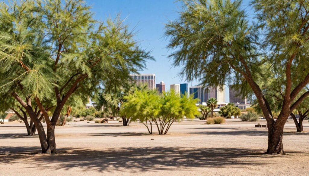 A vibrant landscape showcasing a selection of shade trees that thrive in the heat of Las Vegas, set on a sun-drenched day. In the foreground, illustrate a variety of mature desert trees like the Mesquite and Palo Verde, their leaves casting dappled shade on the sandy soil. The middle ground features a small grouping of young trees with bright green foliage, highlighting the importance of water conservation in this arid region. In the background, the iconic Las Vegas skyline rises against a clear blue sky, emphasizing the urban environment. The harsh sunlight creates long shadows, while a warm, inviting atmosphere evokes the resilience of nature under challenging conditions. The image should capture the essence of tree selection and the unique soil conditions found in Las Vegas, without any text or distractions. A vibrant landscape showcasing a selection of shade trees that thrive in the heat of Las Vegas, set on a sun-drenched day. In the foreground, illustrate a variety of mature desert trees like the Mesquite and Palo Verde, their leaves casting dappled shade on the sandy soil. The middle ground features a small grouping of young trees with bright green foliage, highlighting the importance of water conservation in this arid region. In the background, the iconic Las Vegas skyline rises against a clear blue sky, emphasizing the urban environment. The harsh sunlight creates long shadows, while a warm, inviting atmosphere evokes the resilience of nature under challenging conditions. The image should capture the essence of tree selection and the unique soil conditions found in Las Vegas, without any text or distractions.