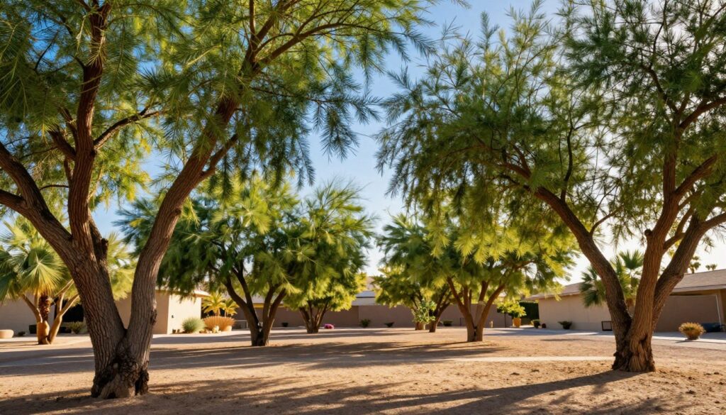 A vibrant landscape showcasing drought-tolerant trees specifically suited for providing shade in Las Vegas. In the foreground, richly textured bark of mature desert willow trees, their branches gracefully arching with lush green foliage. The middle ground features a few palo verde and mesquite trees, casting cool shadows on the ground. The background displays a clear blue sky with the sun bright but not overpowering, creating soft shadows beneath the trees. The lighting is warm and inviting, with a golden hour glow enhancing the scene. The overall atmosphere is serene and peaceful, emphasizing a sustainable and eco-friendly yard in a desert environment. No human figures are present, focusing solely on the beauty and structure of the trees. A vibrant landscape showcasing drought-tolerant trees specifically suited for providing shade in Las Vegas. In the foreground, richly textured bark of mature desert willow trees, their branches gracefully arching with lush green foliage. The middle ground features a few palo verde and mesquite trees, casting cool shadows on the ground. The background displays a clear blue sky with the sun bright but not overpowering, creating soft shadows beneath the trees. The lighting is warm and inviting, with a golden hour glow enhancing the scene. The overall atmosphere is serene and peaceful, emphasizing a sustainable and eco-friendly yard in a desert environment. No human figures are present, focusing solely on the beauty and structure of the trees.