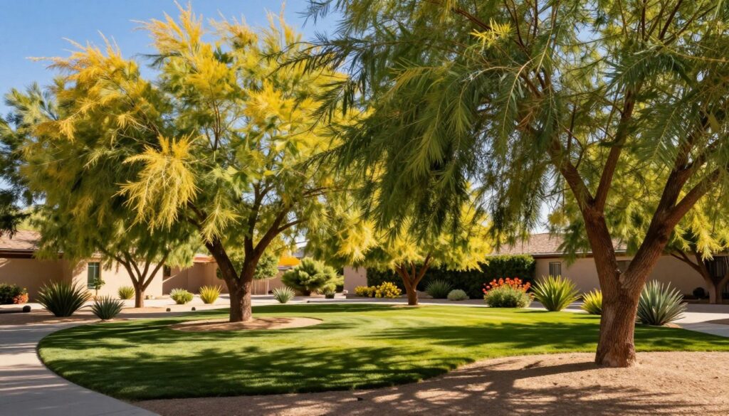 A vibrant landscape showcasing fast-growing shade trees suitable for larger yards in Las Vegas. In the foreground, prominent trees like the tipuana and desert willow display lush foliage in varying shades of green and gold, with thick canopies providing ample shade. In the middle ground, a well-maintained yard features a manicured lawn, dotted with flowering desert plants that thrive in the heat. The background reveals a clear blue sky with bright sunlight filtering through the tree leaves, casting patterned shadows on the ground. The scene is inviting and serene, illustrating the peaceful ambiance a shaded yard can offer in a desert environment. Capture this image with a warm, natural light that enhances the colors and textures of the trees and landscape. A vibrant landscape showcasing fast-growing shade trees suitable for larger yards in Las Vegas. In the foreground, prominent trees like the tipuana and desert willow display lush foliage in varying shades of green and gold, with thick canopies providing ample shade. In the middle ground, a well-maintained yard features a manicured lawn, dotted with flowering desert plants that thrive in the heat. The background reveals a clear blue sky with bright sunlight filtering through the tree leaves, casting patterned shadows on the ground. The scene is inviting and serene, illustrating the peaceful ambiance a shaded yard can offer in a desert environment. Capture this image with a warm, natural light that enhances the colors and textures of the trees and landscape.
