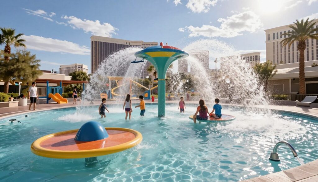 A vibrant scene depicting a splash pad and pool in Las Vegas, showcasing water conservation efforts. In the foreground, colorful splash pads with playful water jets spraying upwards, surrounded by families enjoying their time, dressed in modest casual clothing. In the middle ground, a clean and well-maintained pool with visible conservation features like low-flow water fittings. The background features the iconic Las Vegas skyline under a bright blue sky, with a few scattered clouds. Soft sunlight casts gentle reflections on the water, creating a cheerful atmosphere. The overall mood is inviting and educational, emphasizing the balance between recreation and environmental responsibility. The angle should be slightly elevated, capturing both the joy of play and the sustainable designs in water usage. A vibrant scene depicting a splash pad and pool in Las Vegas, showcasing water conservation efforts. In the foreground, colorful splash pads with playful water jets spraying upwards, surrounded by families enjoying their time, dressed in modest casual clothing. In the middle ground, a clean and well-maintained pool with visible conservation features like low-flow water fittings. The background features the iconic Las Vegas skyline under a bright blue sky, with a few scattered clouds. Soft sunlight casts gentle reflections on the water, creating a cheerful atmosphere. The overall mood is inviting and educational, emphasizing the balance between recreation and environmental responsibility. The angle should be slightly elevated, capturing both the joy of play and the sustainable designs in water usage.