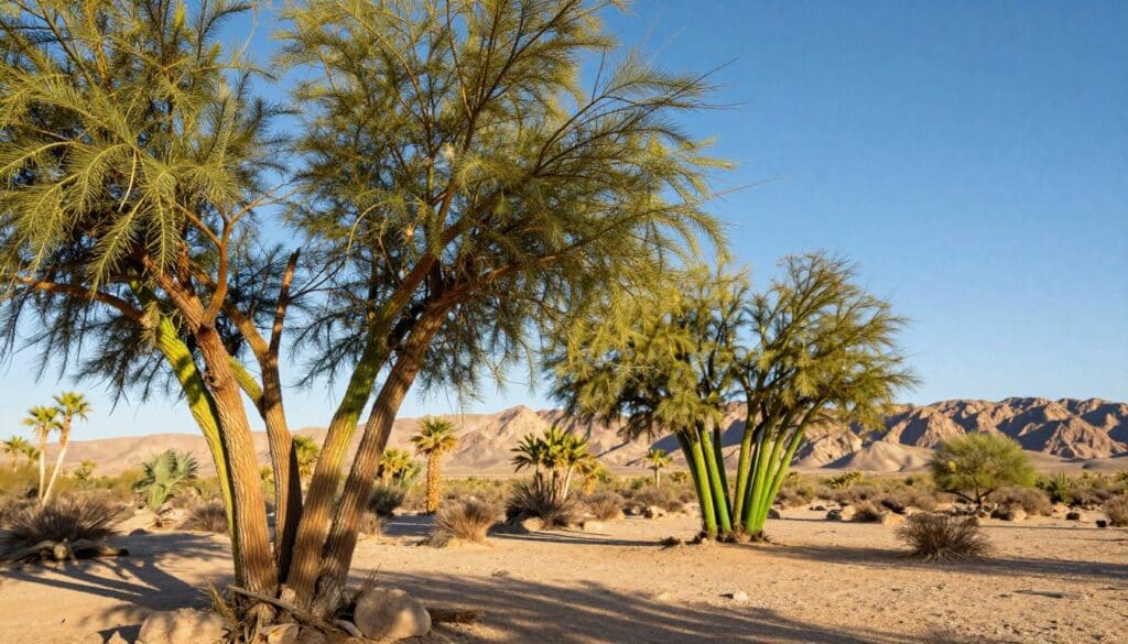 Low-water desert trees gracefully standing under the vast blue sky, showcasing their unique adaptations to arid environments. In the foreground, a close-up of a striking mesquite tree with slender, wispy leaves casting dappled shade on rocky ground. In the middle ground, a cluster of palo verde trees, their vibrant green bark contrasting beautifully with the sandy desert soil. The background features a distant view of the rugged, sun-baked mountains under a bright, golden sunlight. The mood is serene and inviting, embodying the resilience of life in harsh conditions. Capture this scene with a slight upward angle, bright, natural lighting, and a soft focus on the trees, emphasizing their importance in creating a sustainable, low-water landscape in a desert climate. Low-water desert trees gracefully standing under the vast blue sky, showcasing their unique adaptations to arid environments. In the foreground, a close-up of a striking mesquite tree with slender, wispy leaves casting dappled shade on rocky ground. In the middle ground, a cluster of palo verde trees, their vibrant green bark contrasting beautifully with the sandy desert soil. The background features a distant view of the rugged, sun-baked mountains under a bright, golden sunlight. The mood is serene and inviting, embodying the resilience of life in harsh conditions. Capture this scene with a slight upward angle, bright, natural lighting, and a soft focus on the trees, emphasizing their importance in creating a sustainable, low-water landscape in a desert climate.