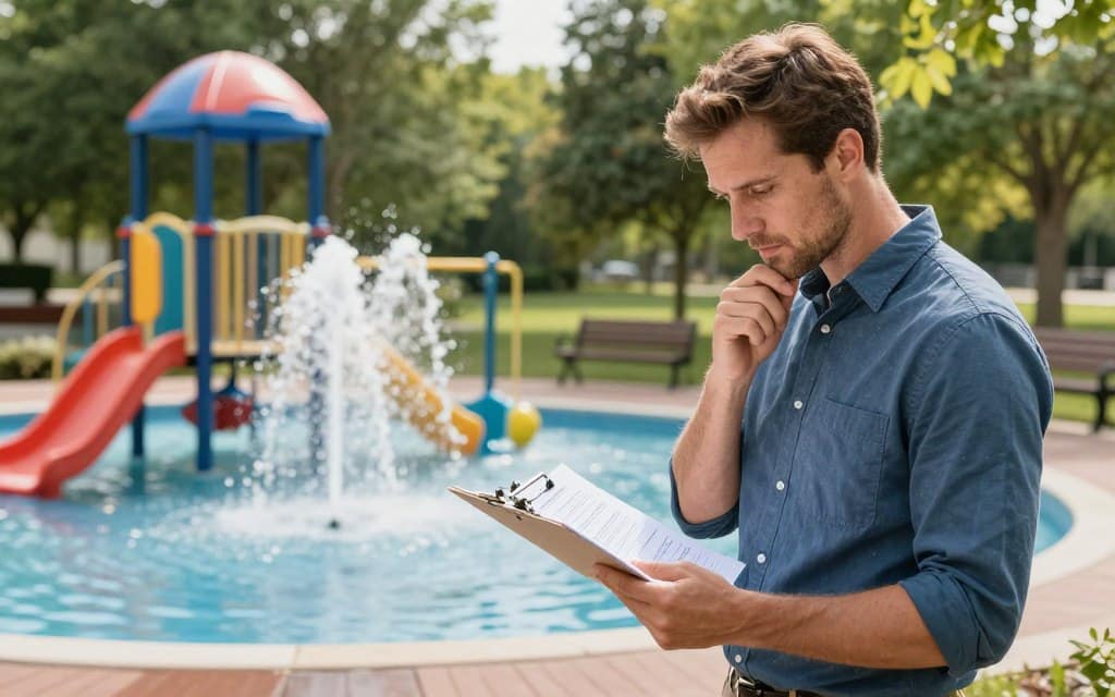 A Caucasian contractor in a smart casual outfit, with a clipboard in hand, thoughtfully reviewing a line-item quote while standing beside a community park splash pad site. In the foreground, the contractor’s focused expression shows attention to detail. The middle ground features the vibrant splash pad, complete with colorful water jets and playful structures designed for children. In the background, lush green trees and park benches create a welcoming atmosphere, illuminated by soft, natural sunlight filtering through the leaves. The angle captures the contractor from a slight low perspective to highlight the splash pad's features while maintaining a professional tone, evoking a sense of careful planning and community development. A Caucasian contractor in a smart casual outfit, with a clipboard in hand, thoughtfully reviewing a line-item quote while standing beside a community park splash pad site. In the foreground, the contractor’s focused expression shows attention to detail. The middle ground features the vibrant splash pad, complete with colorful water jets and playful structures designed for children. In the background, lush green trees and park benches create a welcoming atmosphere, illuminated by soft, natural sunlight filtering through the leaves. The angle captures the contractor from a slight low perspective to highlight the splash pad's features while maintaining a professional tone, evoking a sense of careful planning and community development.