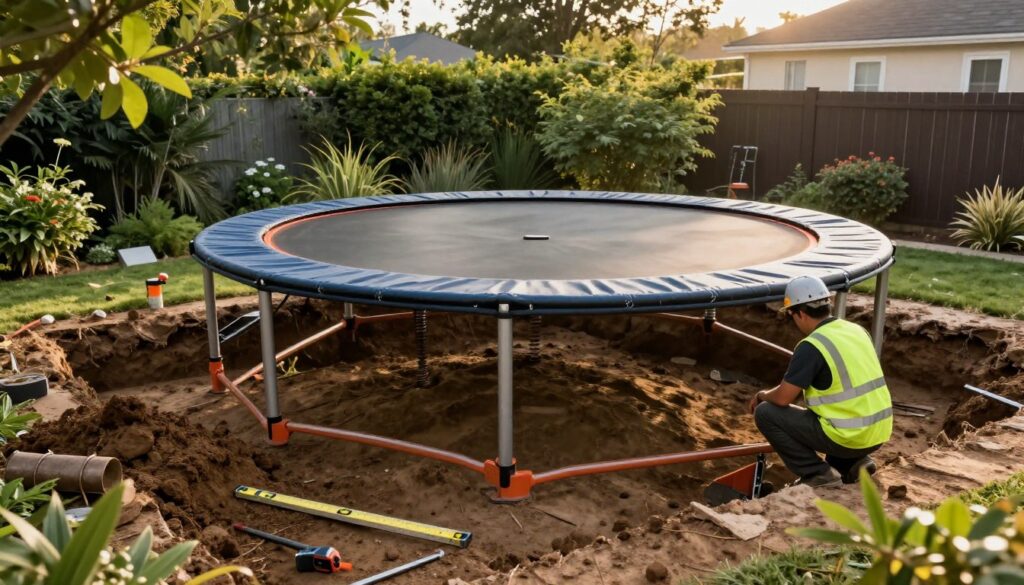 A backyard scene featuring trampoline equipment and excavation work. In the foreground, a partially dug area for an in-ground trampoline, with soil and tools scattered around, along with a measuring tape and a level. In the middle ground, there’s a large round trampoline frame, ready for installation, with sturdy springs visible. A construction worker, dressed in a bright safety vest and hard hat, inspects the site, squatting beside the excavation. In the background, lush greenery and a fence give a sense of space, with soft afternoon sunlight casting a warm glow over the scene, creating an inviting and productive atmosphere. The angle is slightly elevated, showcasing both the trampoline area and the excavation work clearly. A backyard scene featuring trampoline equipment and excavation work. In the foreground, a partially dug area for an in-ground trampoline, with soil and tools scattered around, along with a measuring tape and a level. In the middle ground, there’s a large round trampoline frame, ready for installation, with sturdy springs visible. A construction worker, dressed in a bright safety vest and hard hat, inspects the site, squatting beside the excavation. In the background, lush greenery and a fence give a sense of space, with soft afternoon sunlight casting a warm glow over the scene, creating an inviting and productive atmosphere. The angle is slightly elevated, showcasing both the trampoline area and the excavation work clearly.
