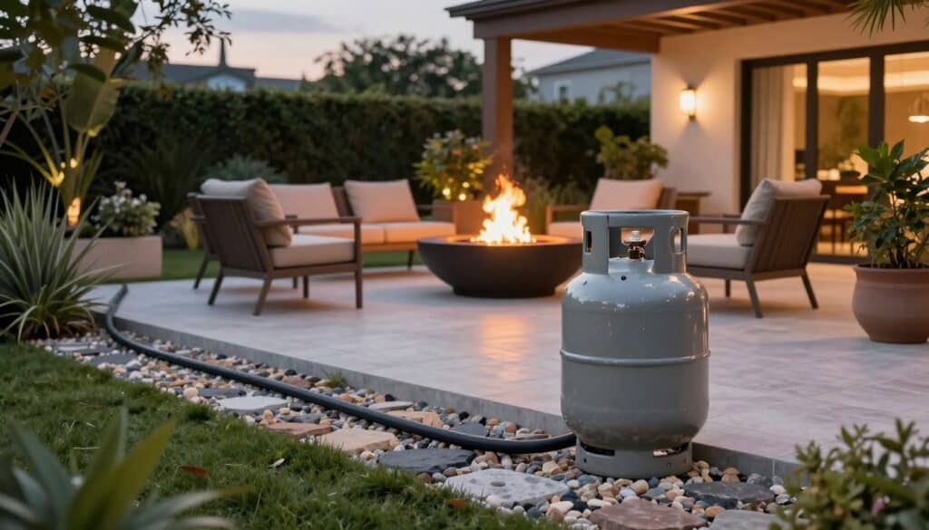 A beautifully arranged outdoor patio setting featuring a propane tank and gas line placement strategically positioned near a contemporary flame feature. In the foreground, a sleek, modern propane tank is subtly integrated into the landscaping, complemented by a gas line running elegantly along the ground, camouflaged with decorative stones. The middle ground showcases a vibrant patio space with elegant outdoor furniture, curated plants, and a stylish fire pit radiating warm, inviting flames. The backdrop contains lush greenery and a twilight sky, casting a soft glow with gentle lighting that enhances the tranquil atmosphere. The scene captures a serene and inviting mood, perfect for entertaining guests in an exquisite outdoor environment.
