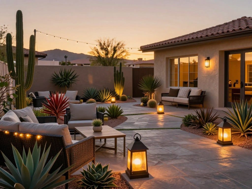 A beautifully designed Las Vegas yard featuring patio lighting and lush plantings, perfect for outdoor living. In the foreground, a cozy seating area with stylish outdoor furniture, illuminated by elegant string lights. In the middle ground, vibrant desert plants, including cacti and succulents, complement the landscaping, while softly glowing lanterns create an inviting atmosphere. The background reveals the warm desert sunset, casting golden hues over a meticulously arranged stone pathway leading to the house. The mood is relaxed yet sophisticated, suggesting an ideal outdoor retreat for social gatherings. Capture this scene with a warm color palette, using a wide angle to showcase the harmonious blend of architecture and nature, emphasizing the tranquil ambiance of a Las Vegas landscape design. A beautifully designed Las Vegas yard featuring patio lighting and lush plantings, perfect for outdoor living. In the foreground, a cozy seating area with stylish outdoor furniture, illuminated by elegant string lights. In the middle ground, vibrant desert plants, including cacti and succulents, complement the landscaping, while softly glowing lanterns create an inviting atmosphere. The background reveals the warm desert sunset, casting golden hues over a meticulously arranged stone pathway leading to the house. The mood is relaxed yet sophisticated, suggesting an ideal outdoor retreat for social gatherings. Capture this scene with a warm color palette, using a wide angle to showcase the harmonious blend of architecture and nature, emphasizing the tranquil ambiance of a Las Vegas landscape design.